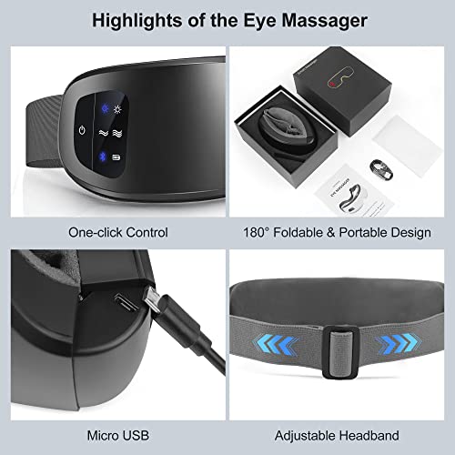 Kyltoor Eye Massager with Heat, Smart Eye Massager for Migraines with Bluetooth Music Foldable Heated Eye Massager 6 Modes for Dry Eyes Migraines Dark Circles Puffiness Improve Sleep