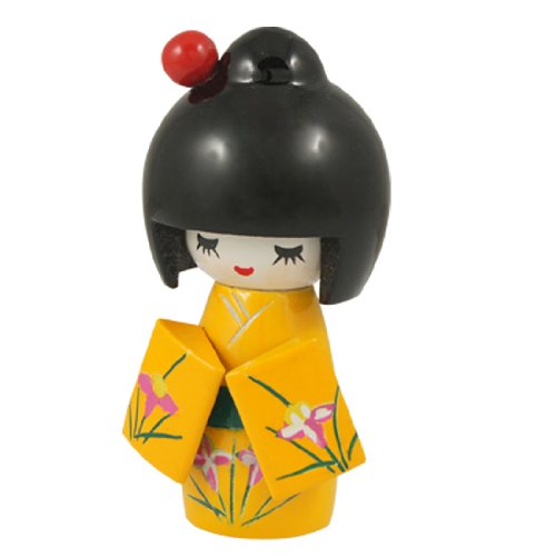 uxcell Flower Pattern Wood Home Office Desk Decorative Kimono Kokeshi Doll Yellow