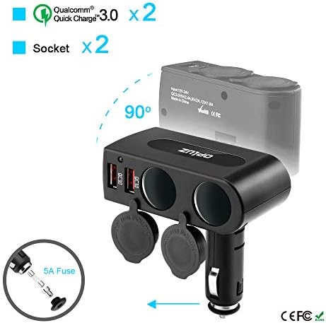 Opluz QC3.0 Car Charger, 4-Port USB Quick Charge Cigarette Lighter Splitter Build-in 5A Fuse Replacement with 2 Car Sockets&Two USB 3.0 Charging Ports for Cam Dash, GPS, Smart Phone,Table&MP3 Player