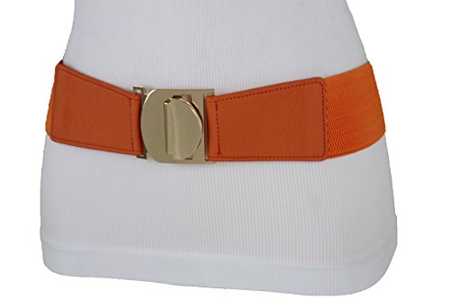 TFJ Women Fashion Orange Elastic Belt Hip High Waist Gold Metal Buckle Plus M L XL