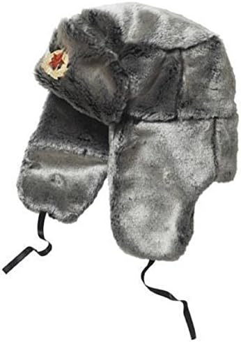 NEW RUSSIAN TRAPPER HAT WITH SOVIET BADGE FAUX FUR USHANKA COSSACK FLAPS BLACK(L (58-59 cm) Grey)