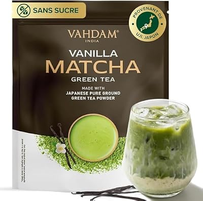Poudre de Matcha à la Vanille 100g-50 Tasses | Matcha Uji & Vanille de Madagascar | 100% Naturel | Thé Vert Japonais Premium | Pour Latte & Thé