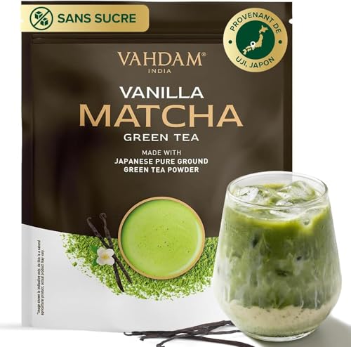 Poudre de Matcha à la Vanille 100g-50 Tasses | Matcha Uji & Vanille de Madagascar | 100% Naturel | Thé Vert Japonais Premium | Pour Latte & Thé