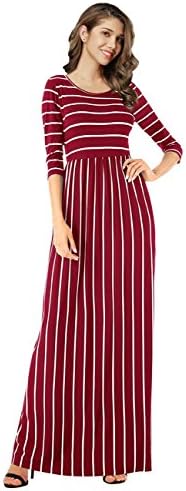 VAN CHY Women's 3/4 Sleeve Loose Striped Maxi Dresses Casual Long Dresses With Pockets Red XL