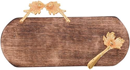 Artroot Mango Wood Serving Tray/Dining Tableware Table Decor/Diwali Gift with Golden Color Metal Handles, 1-Piece, Service for 1, Brown