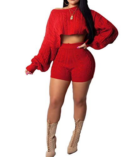 JUNBOON Women's Casual 2 Pieces Outfits Solid Long Sleeve Knitted Sweater Crop Top Bodycon Shorts Tracksuits Set