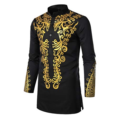 Mens Dashiki African Tribal Clothing Printed Long Henley Shirt Traditional Ethnic Slim Fit Outfit