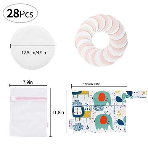 Bamboo Breastfeeding Nursing Pads - Reusable Nursing Pads with Storage & Laundry Bags, Organic Leak-Proof Breast Pads for Maternity (28 Pack + Wet Bag, White & Pink)