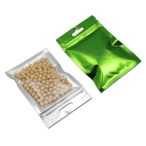Click Here to See More Images 100 Pcs Clear Front Mylar Foil Heat Sealable Bags Bulk Food Storage Snack Sampling Pouch with Hang Hole Aluminum Foil Grip Seal Reclosable Pack Flat Ziplock Bags (8.5x13cm (3.3x5.1 inch), Green)