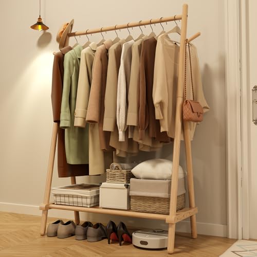 AQIMUELE Wooden Clothes Hanger, Clothes Stand, 46 x 100 x 155 cm, Heavy Duty Easy to Assemble Coat Stand with Shoe Stand (Natural)