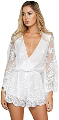 EKIMI Women's Sexy Long Sleeve Embroidery Lace V-Neck Jumpsuit Bodysuit (XL)