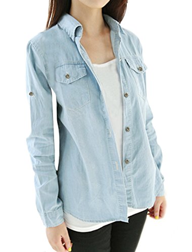 Allegra K Lady Long Sleeves Point Collar Casual Western Denim Shirt Light Blue M