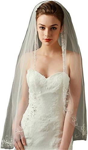 LynnBridal One Tier Fingertip Bridal Veil with Beaded Scrollwork 35" Long Ivory
