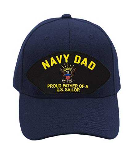 Patchtown Navy Dad - Proud Father of a US Sailor Hat/Ballcap Adjustable One Size Fits Most Multiple Colors and Styles (Navy Blue, Add American Flag)
