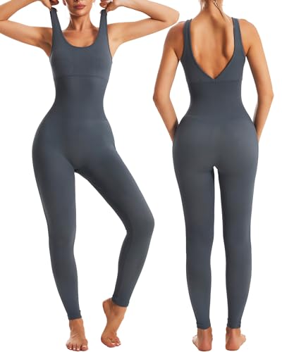 RUNNNG GIRL JUMPSUITS FOR WOMEN WORKOUT TUMMY CONTROL JUMPSUIT ONE PIECE WORKOUT OUTFITS RIBBED UNITARD BODYSUIT(CK2943 GREY S)