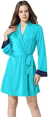 JUSOE Women's Sleepwear Jersey Robe Short 3/4 Sleeves Kimono Nightgown With Pockets, Turquoise, L/XL
