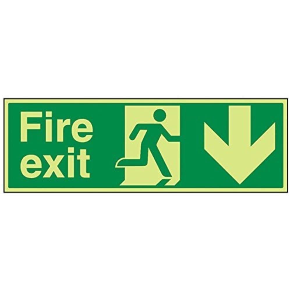 V Safety Glow In The Dark Fire Exit Arrow Down Sign - 600mm x 200mm - Rigid Plastic — image 1