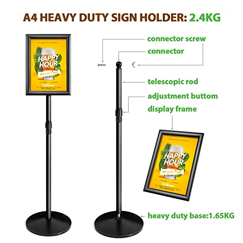 Newzealkids A4 Adjustable Poster Stand, Heavy Duty Floor Standing Poster Stand Notice Holder for Wedding, Show, Advertising (Black)