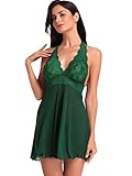 Amoretu Womens Lingerie Sheer Nightwear Halter Babydoll with G-string Green