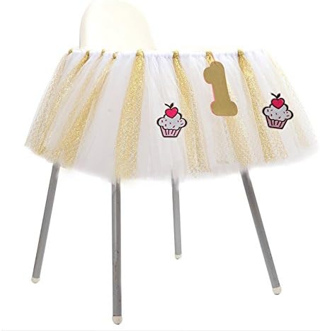 bbhoney 1st Birthday baby High Chair Tutu Tulle Skirt Decoration Party Supplies (White+Gold)