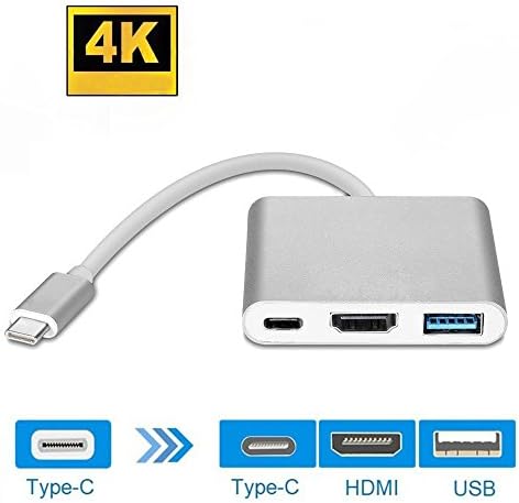 USB C to HDMI 4K Adapter, Honfeng Type C to HDMI Multiport AV Converter 3-in-1 with USB 3.0 Port &amp; USB C Recharging Port for Samsung Galaxy s8/s8 Plus, MacBook Series, ChromeBook Pixel (Sliver)