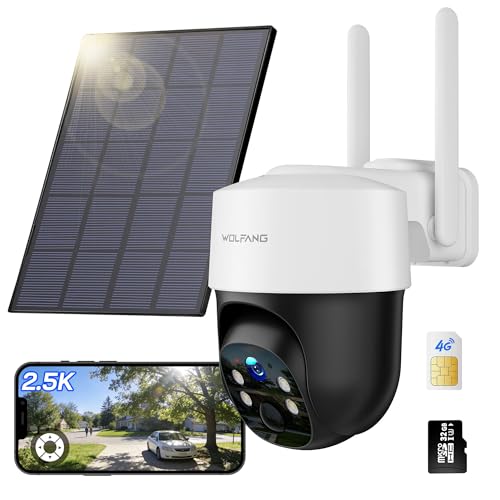 WOLFANG 4G Security Camera, Solar Powered CCTV with SIM Card, Camera Wireless Outdoor, No WiFi Needed, Night Vision, 2.5K, Local Recording, 2-Way Audio, PIR Motion, 32GB SD Card Included