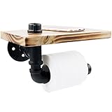 Toilet Paper Holder, Rustic Style Toilet Tissue Roll Holder Black Industrial Iron Pipe with Wooden Storage Wall Mounted Bathroom Shelf