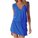 Hount Women's Beach Swimsuit Cover up Deep V-Neck Short Mini Dress Beach Skirt (Royal Blue, Small)