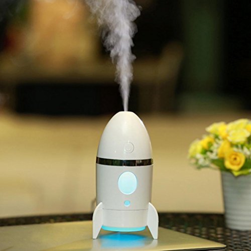Rocket Shape Cool Mist Humidifier with Colorful Night Light, Kingfansion USB Powered Air Purification Aromatherapy Essential Oil Diffuser for Car Office Bedroom (White) - Thumbnail 2