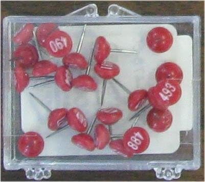 Numbered Map Tacks - Red Pins with White Numbers (20 Boxes of 25: Numbers 1-500)