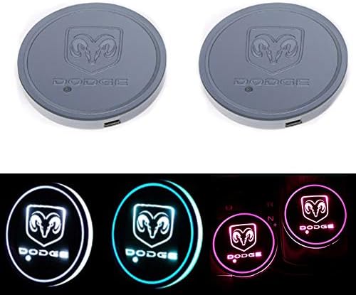 2pcs LED Car Logo Cup Holder Pads 7 Colors Changing USB Charging Mats Bottle Coasters Car Atmosphere Lamps (Dodge)
