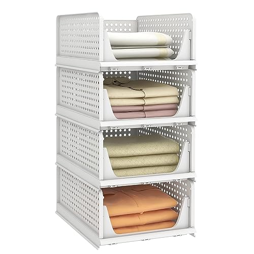 Fohome Stackable Clothes Plastic Storage Basket,4 Pack Foldable Closet Organizer Shelf Cloth Holder,Drawer Shelf Storage Container for Wardrobe Cupboard Kitchen Bathroom Office (4 Pack)
