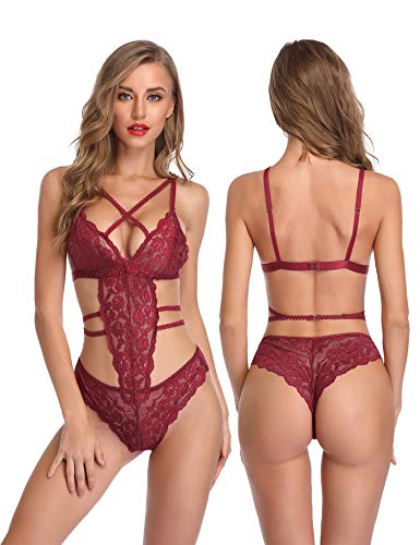 LALAVAVA Women Lingerie Sexy Teddy Lace One Piece Strappy Bodydoll V Neck Bodysuits (33 Wine Red, S)