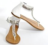 Twisted Women's Daisy Faux Leather T-Strap Flat Sandal with Rhinestone Embellished Overlay