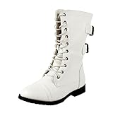 West Blvd Womens CAIRO COMBAT Boots Lace Up Military Army Motorcycle Biker Flat Mid Calf Shoes, White Pu, US 7.5