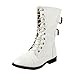 West Blvd Womens CAIRO COMBAT Boots Lace Up Military Army Motorcycle Biker Flat Mid Calf Shoes, White Pu, US 7.5