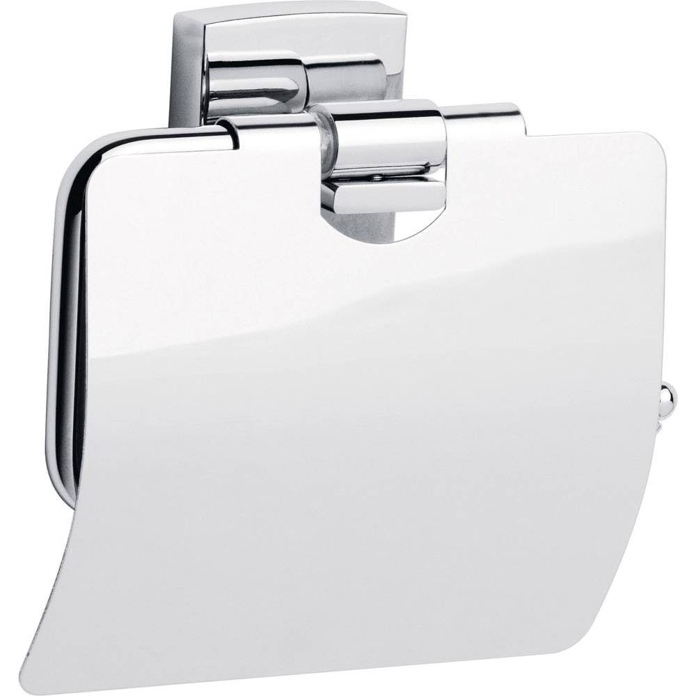 tesa KLAAM Toilet Paper Holder with Lid - Chromed Metal Toilet Paper Holder for Bathrooms and Guest Toilets - Including Self-Adhesive Solution Without Drilling