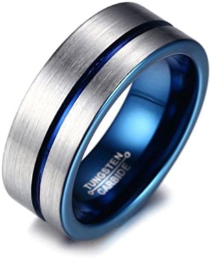 8mm Men's Blue Tungsten Wedding Band Ring Comfort Fit Flat Domed Brushed (7)