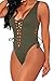 HOTAPEI Women V Neck Lace up High Cut One Piece Bathing Suit Large Army Green