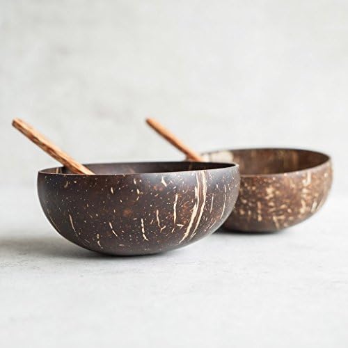Natural Coconut Bowls and Spoons (set of 2) - Polished with Coconut Oil, Durable, Lightweight, Easy Clean, Large Wooden Serving Bowl for Fruits or Salads, Breakfast, Decoration, Vegan Friendly