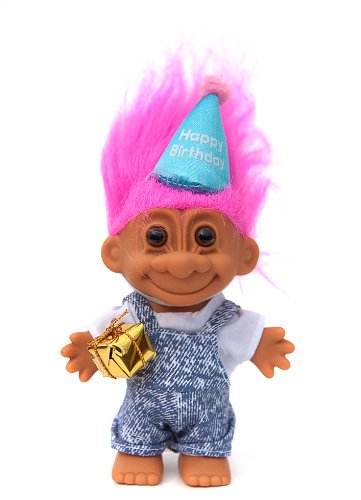 My Lucky Happy Birthday 6" Troll Dressed in Denim Overalls w/Present (Hot Pink Hair)
