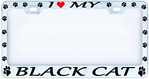 I Love My Black CAT Heart Paw Chrome Auto Car License Plate Frame Tag, Metal, Weatherproof Vinyl Cut Letters