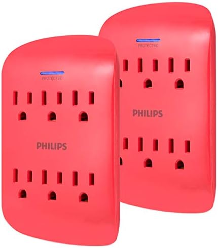 Philips Accessories Philips 6 Surge Protector Outlet Extender, 2 Pack, 900 Joules, 3-Prong, Space Saving Design, Protection Indicator LED Light, Coral, SPP3462CR/37