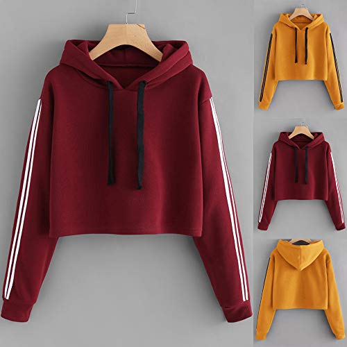 Womens Striped Crop Tops Long Sleeve Hoodie Sweatshirt Jumper Hooded Pullover Tops Blous - Thumbnail 5