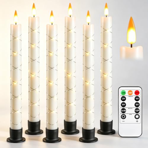 Da by 6 Stück Elfenbein LED Stabkerzen mit gekreuzter Feenlichtkette, Realistische Flackerflamme, Batteriebetrieben mit Fernbedienung & Sockel, Wieder