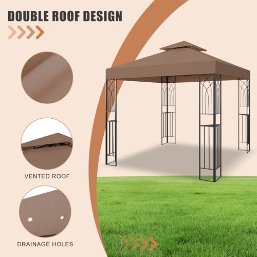 8x8 Brown Soft Top Patio Gazebo with Corner Shelves & Double Roof image 16