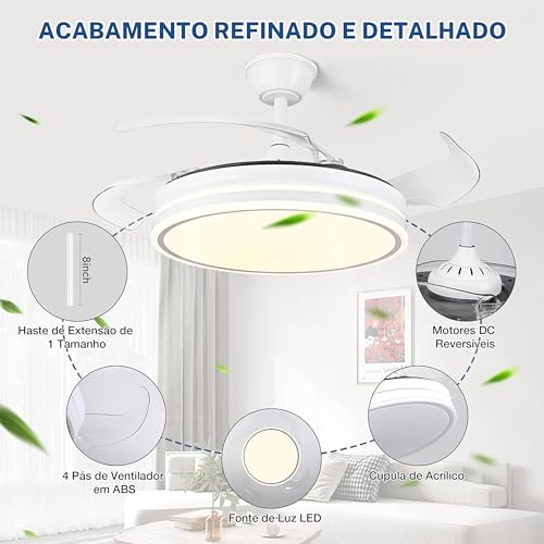 Ventilador de Teto com Luz LED Branco, 42'' Ventilador Regulável com Controle Remoto, Adequado para Quartos, Salas de Estar, Salas de Jantar e Cozinhas