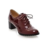 Mostrin Women's Lace up Wingtip Oxford Shoes Classic Fashion Patent Leather Chunky Heel Bootie
