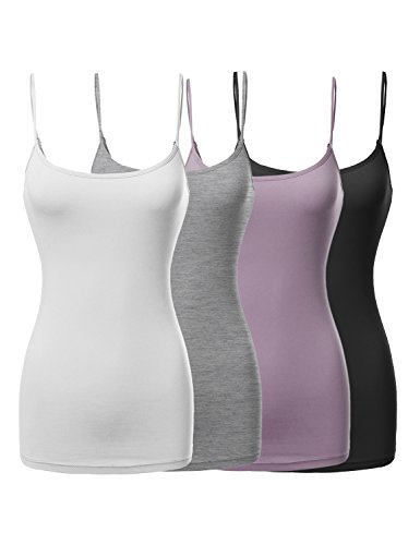 Made by Emma Basic Solid Long Length Adjustable Spaghetti Strap Tank Top Black/White/Hgrey/DUSTYLILAC 3XL