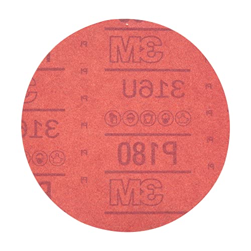3M Hookit Rote Schleifscheiben, 01222, ohne Loch, 15,2 cm, Körnung 180+, 50 Stück, für Auto-Schleifen, Grundierungsschleifen, E-Coat-Schleifen